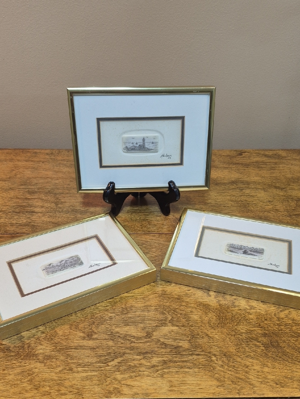 BEAUTIFUL Vintage Framed Etched Scrimshaw Antique Ivory Fine Wall Art Set of 3